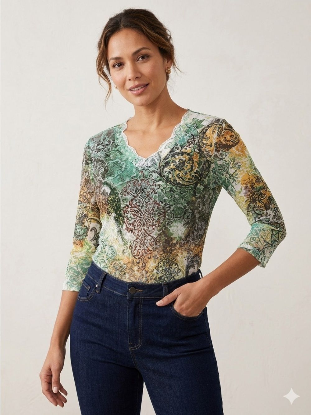 Y2K Kaktus boho teal and yellow paisley top size medium